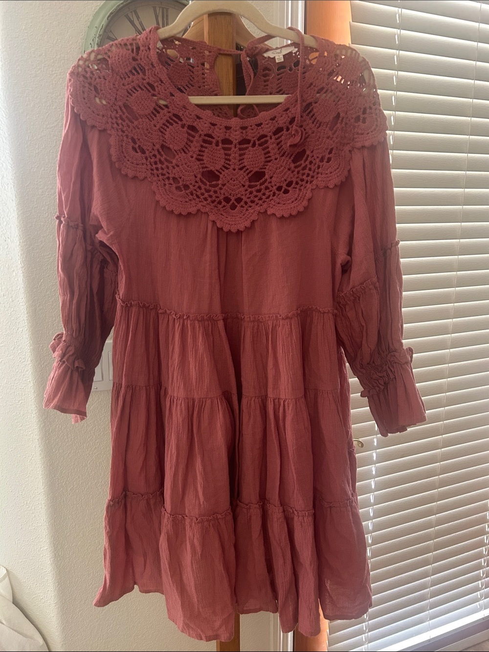 easel Rose Pink Crochet Yoke Tiered Dress